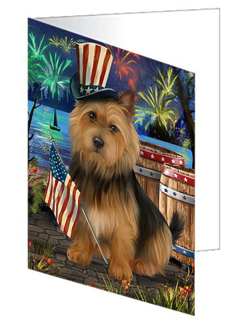 4th of July Independence Day Fireworks Australian Terrier Dog at the Lake Handmade Artwork Assorted Pets Greeting Cards and Note Cards with Envelopes for All Occasions and Holiday Seasons GCD57278
