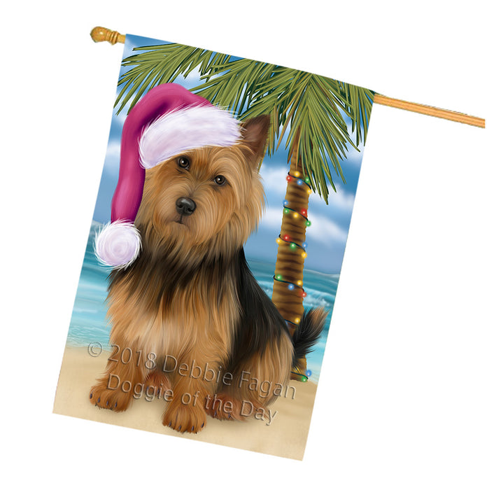 Summertime Happy Holidays Christmas Australian Terrier Dog on Tropical Island Beach House Flag FLG54729