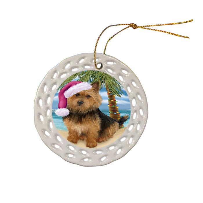 Summertime Happy Holidays Christmas Australian Terrier Dog on Tropical Island Beach Ceramic Doily Ornament DPOR54531