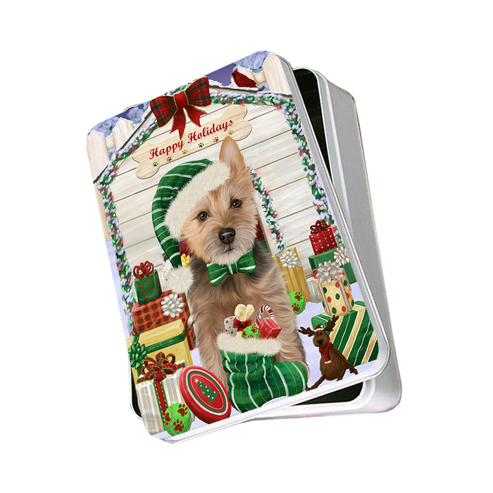 Happy Holidays Christmas Australian Terrier Dog With Presents Photo Storage Tin PITN52626