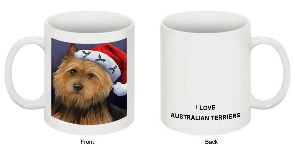Christmas Holidays Australian Terrier Dog Wearing Santa Hat Portrait Head Coffee Mug MUG48887