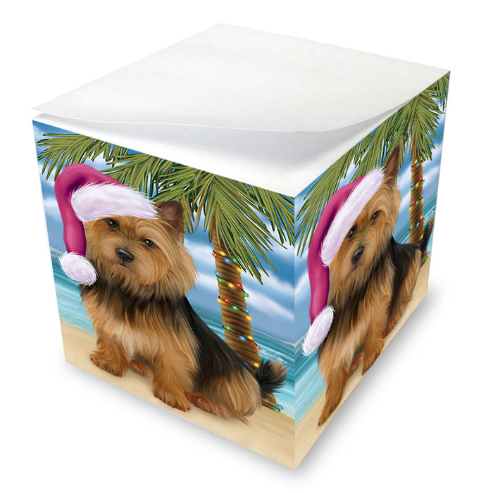 Summertime Happy Holidays Christmas Australian Terrier Dog on Tropical Island Beach Note Cube NOC56049