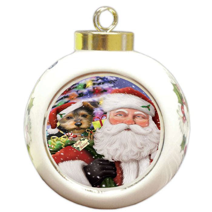 Santa Carrying Australian Terrier Dog and Christmas Presents Round Ball Christmas Ornament RBPOR53669