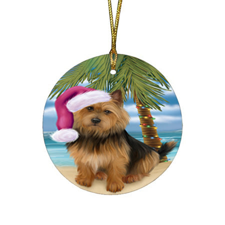 Summertime Happy Holidays Christmas Australian Terrier Dog on Tropical Island Beach Round Flat Christmas Ornament RFPOR54522