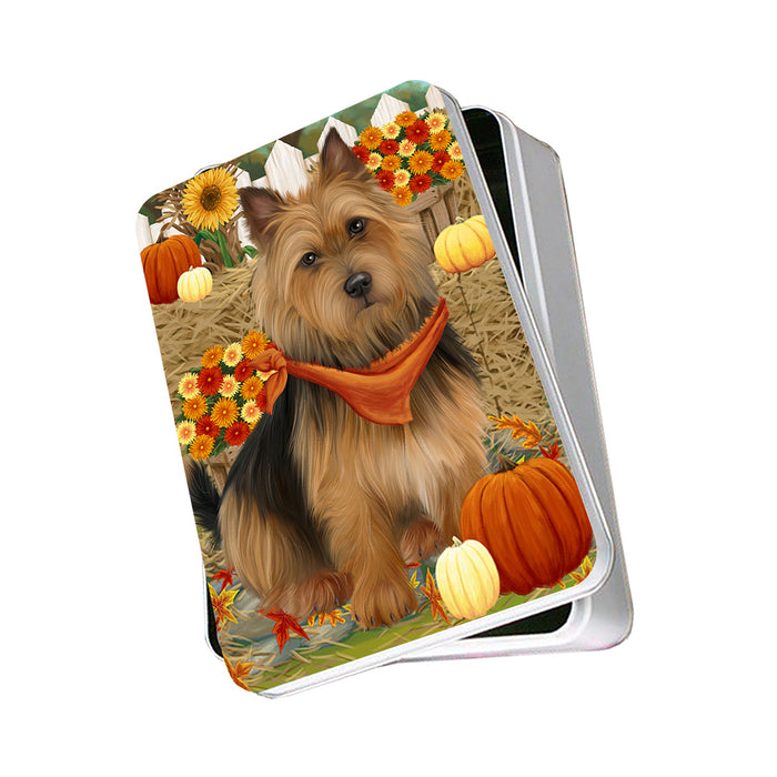 Fall Autumn Greeting Australian Terrier Dog with Pumpkins Photo Storage Tin PITN52301