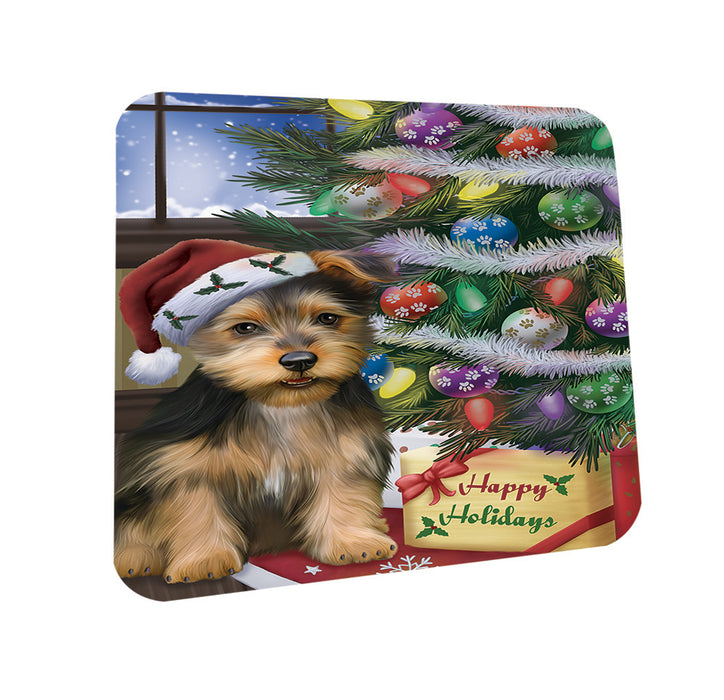 Christmas Happy Holidays Australian Terrier Dog with Tree and Presents Coasters Set of 4 CST53396