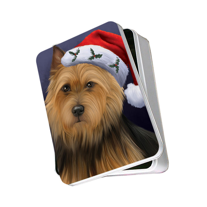 Christmas Holidays Australian Terrier Dog Wearing Santa Hat Portrait Head Photo Storage Tin PITN53489