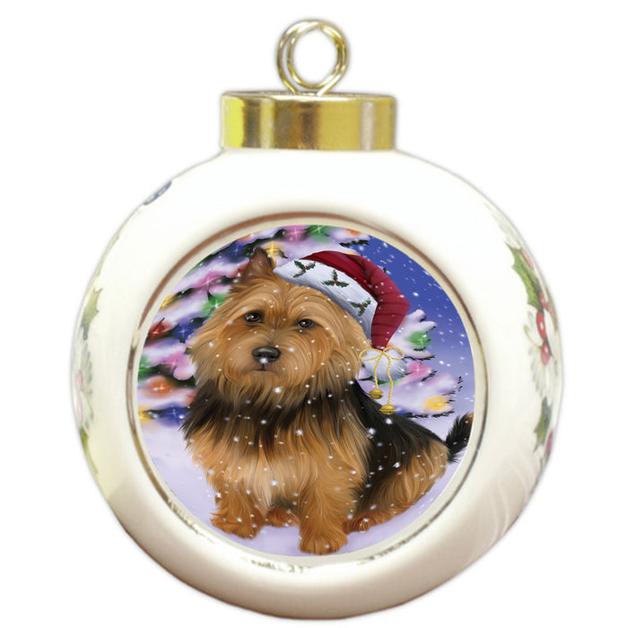 Winterland Wonderland Australian Terrier Dog In Christmas Holiday Scenic Background Round Ball Christmas Ornament RBPOR53729