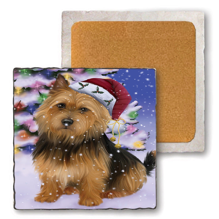 Winterland Wonderland Australian Terrier Dog In Christmas Holiday Scenic Background Set of 4 Natural Stone Marble Tile Coasters MCST48729