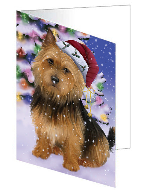 Winterland Wonderland Australian Terrier Dog In Christmas Holiday Scenic Background Handmade Artwork Assorted Pets Greeting Cards and Note Cards with Envelopes for All Occasions and Holiday Seasons GCD65216