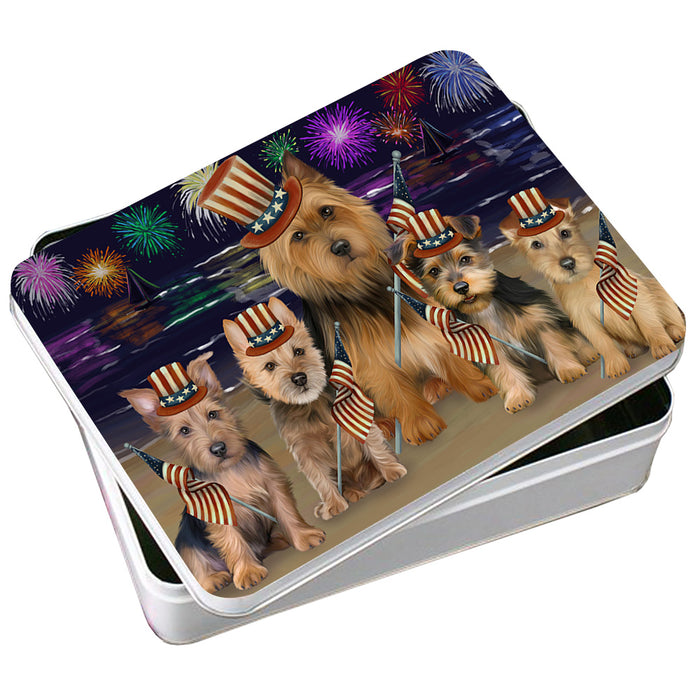 4th of July Independence Day Firework Australian Terriers Dog Photo Storage Tin PITN52398