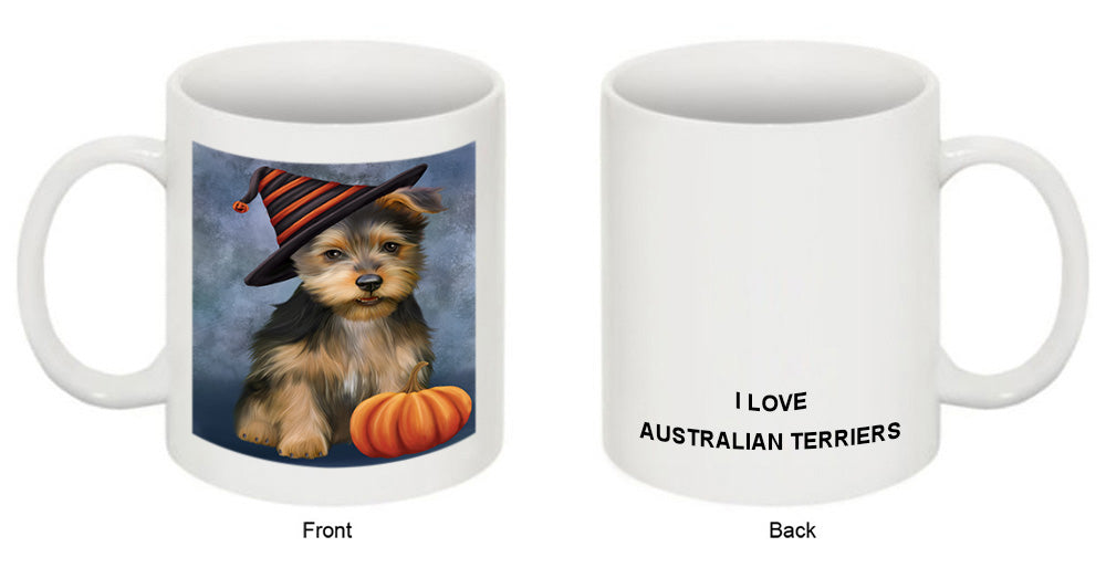 Happy Halloween Australian Terrier Dog Wearing Witch Hat with Pumpkin Coffee Mug MUG50111
