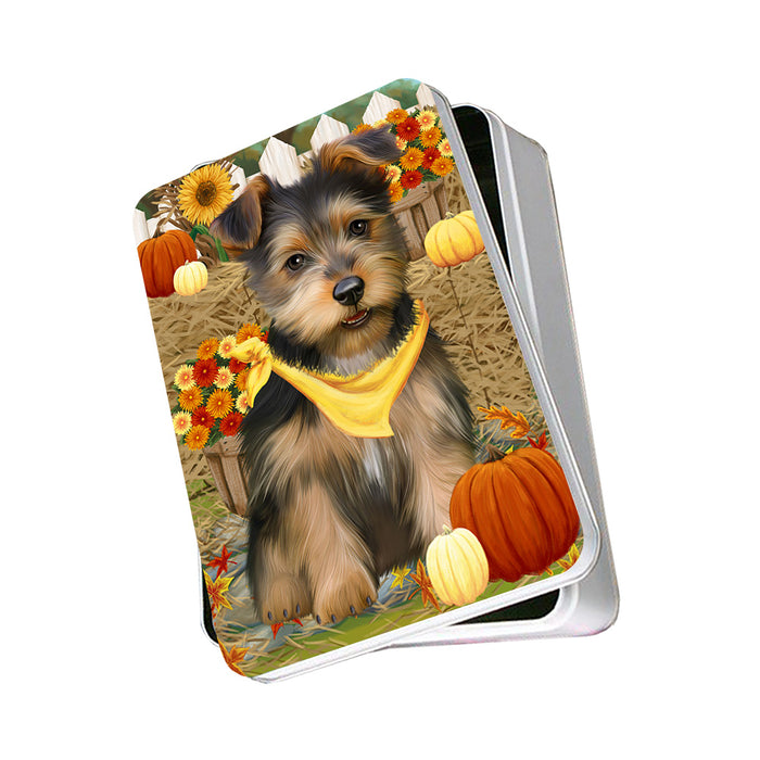 Fall Autumn Greeting Australian Terrier Dog with Pumpkins Photo Storage Tin PITN52302