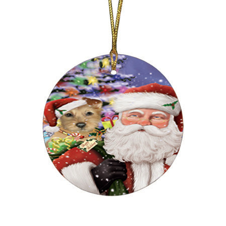 Santa Carrying Australian Terrier Dog and Christmas Presents Round Flat Christmas Ornament RFPOR53661