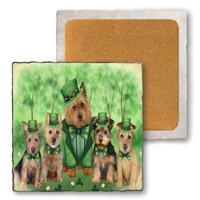 St. Patricks Day Irish Portrait Australian Terrier Dogs Set of 4 Natural Stone Marble Tile Coasters MCST51974