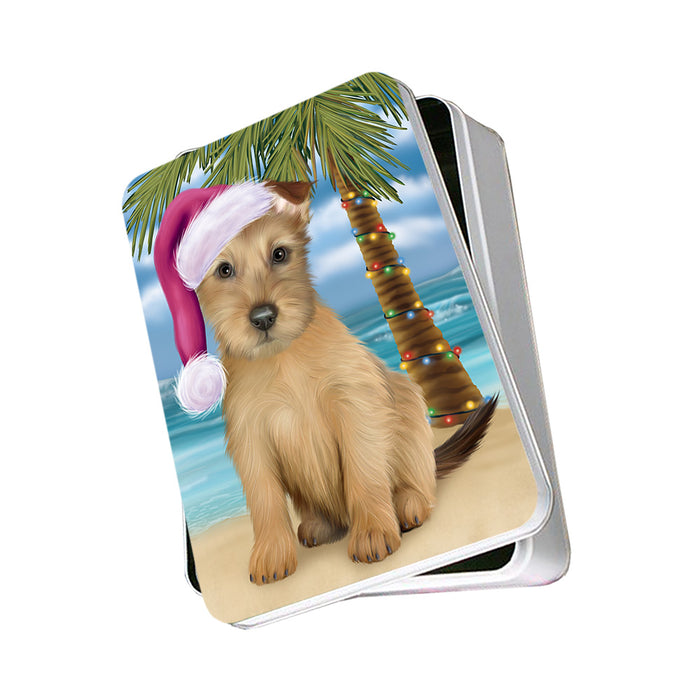 Summertime Happy Holidays Christmas Australian Terrier Dog on Tropical Island Beach Photo Storage Tin PITN54347