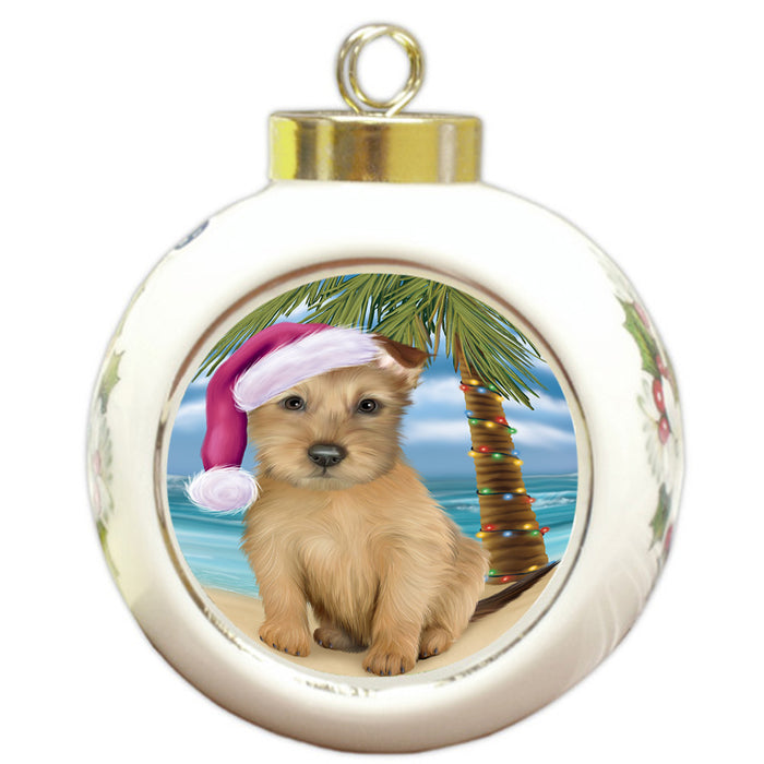 Summertime Happy Holidays Christmas Australian Terrier Dog on Tropical Island Beach Round Ball Christmas Ornament RBPOR54532