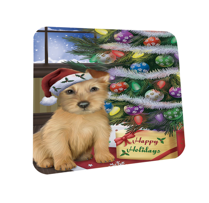 Christmas Happy Holidays Australian Terrier Dog with Tree and Presents Coasters Set of 4 CST53397