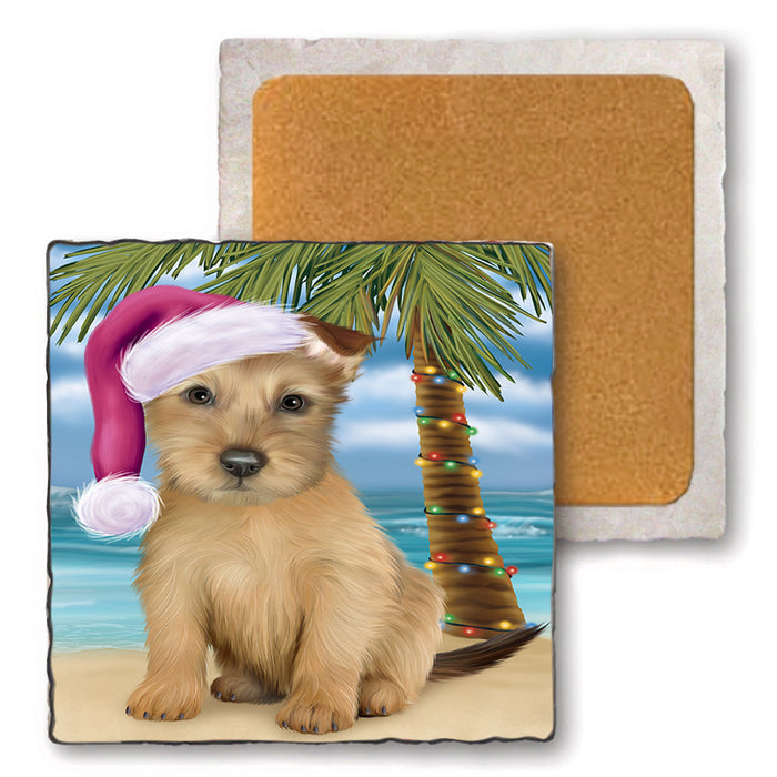 Summertime Happy Holidays Christmas Australian Terrier Dog on Tropical Island Beach Set of 4 Natural Stone Marble Tile Coasters MCST49404