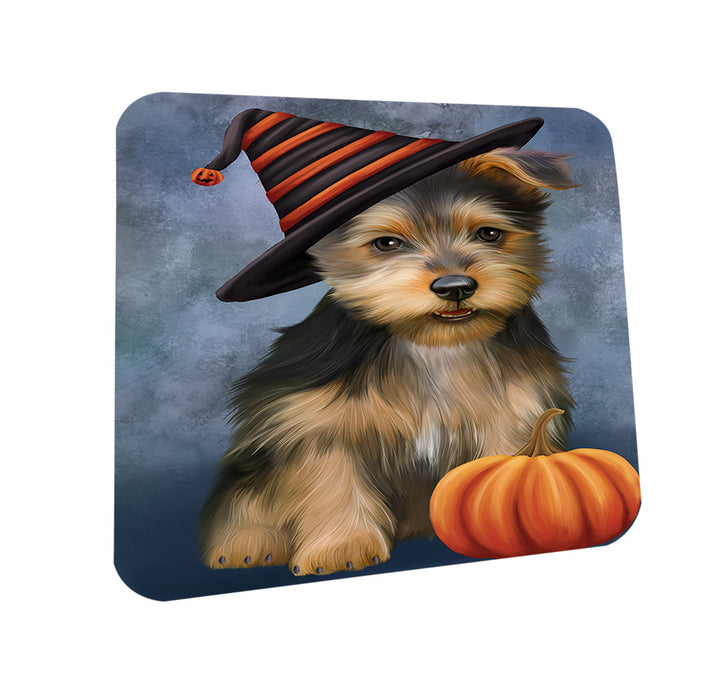 Happy Halloween Australian Terrier Dog Wearing Witch Hat with Pumpkin Coasters Set of 4 CST54671