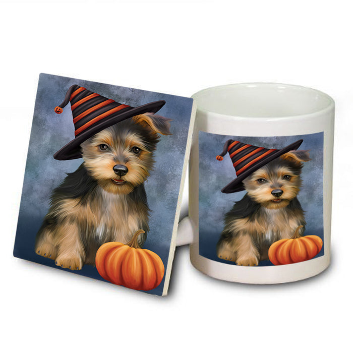 Happy Halloween Australian Terrier Dog Wearing Witch Hat with Pumpkin Mug and Coaster Set MUC54705