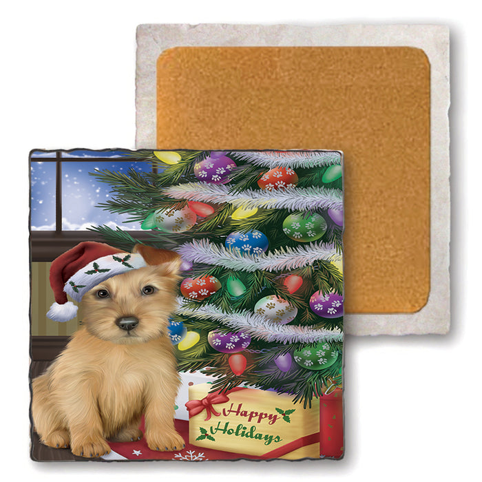 Christmas Happy Holidays Australian Terrier Dog with Tree and Presents Set of 4 Natural Stone Marble Tile Coasters MCST48439