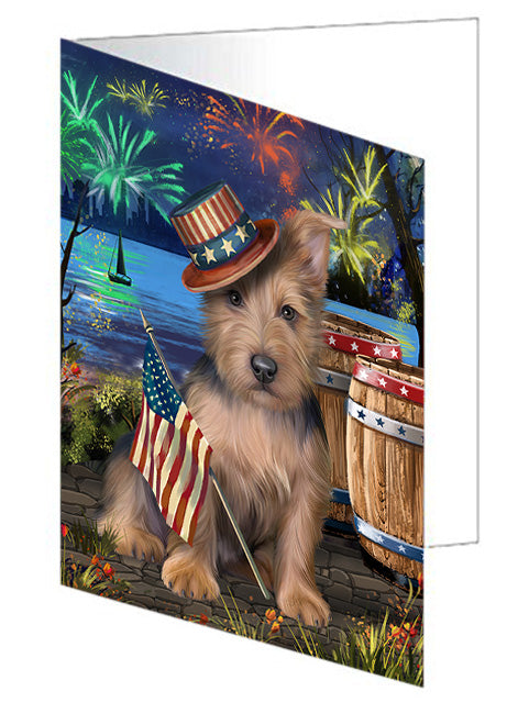 4th of July Independence Day Fireworks Australian Terrier Dog at the Lake Handmade Artwork Assorted Pets Greeting Cards and Note Cards with Envelopes for All Occasions and Holiday Seasons GCD57281
