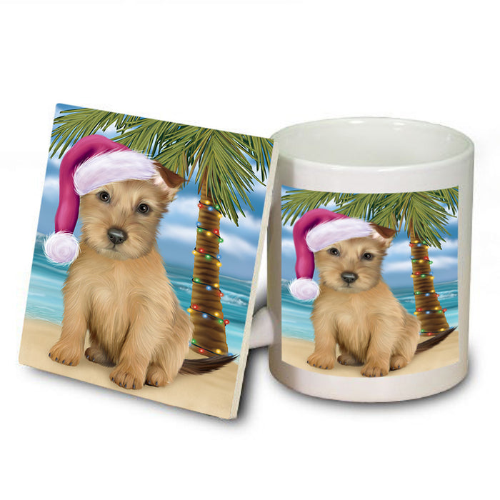 Summertime Happy Holidays Christmas Australian Terrier Dog on Tropical Island Beach Mug and Coaster Set MUC54396