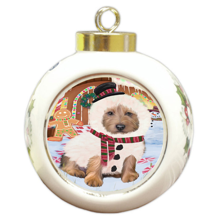 Christmas Gingerbread House Candyfest Australian Terrier Dog Round Ball Christmas Ornament RBPOR56514