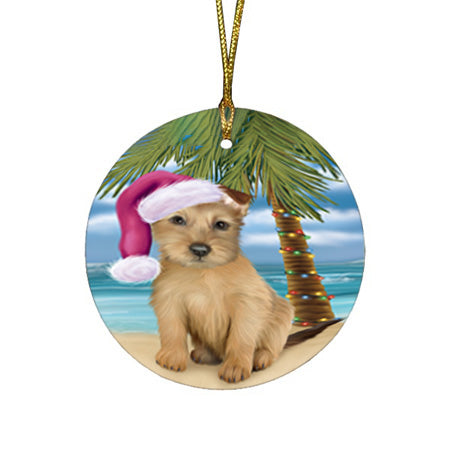 Summertime Happy Holidays Christmas Australian Terrier Dog on Tropical Island Beach Round Flat Christmas Ornament RFPOR54523
