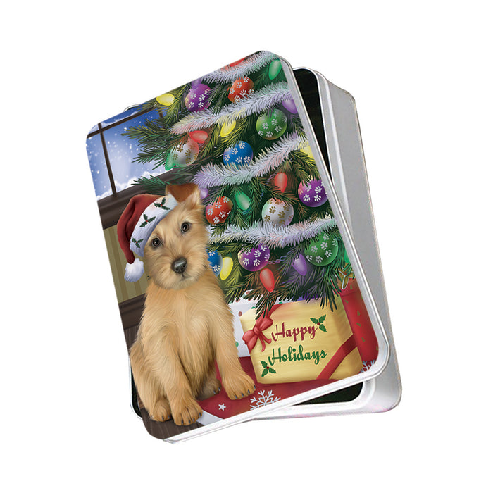 Christmas Happy Holidays Australian Terrier Dog with Tree and Presents Photo Storage Tin PITN53439