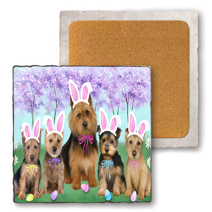 Easter Holiday Australian Terriers Dog Set of 4 Natural Stone Marble Tile Coasters MCST51870