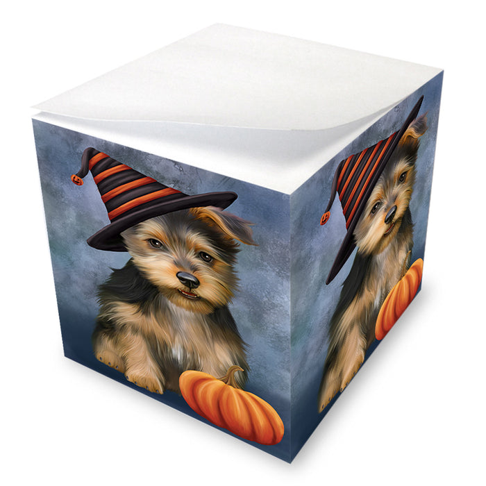 Happy Halloween Australian Terrier Dog Wearing Witch Hat with Pumpkin Note Cube NOC56359