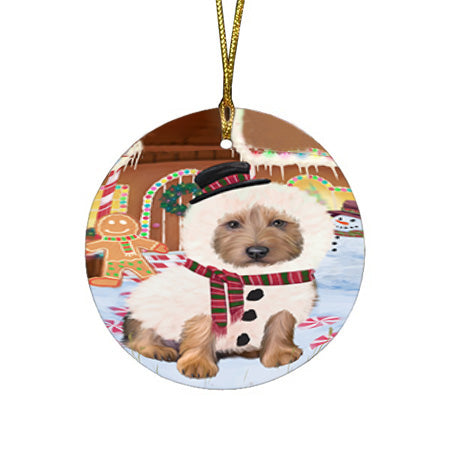 Christmas Gingerbread House Candyfest Australian Terrier Dog Round Flat Christmas Ornament RFPOR56514