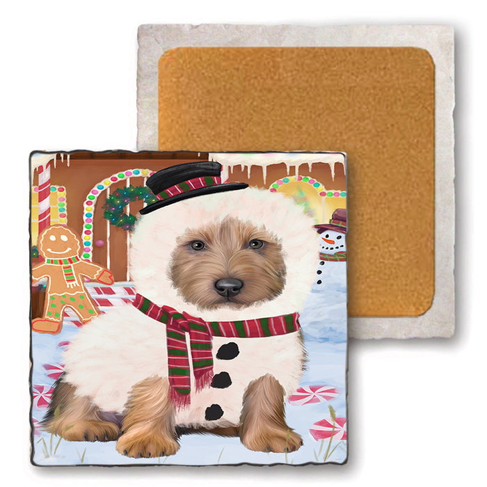 Christmas Gingerbread House Candyfest Australian Terrier Dog Set of 4 Natural Stone Marble Tile Coasters MCST51158