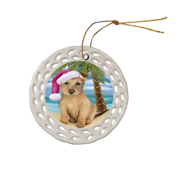 Summertime Happy Holidays Christmas Australian Terrier Dog on Tropical Island Beach Ceramic Doily Ornament DPOR54532