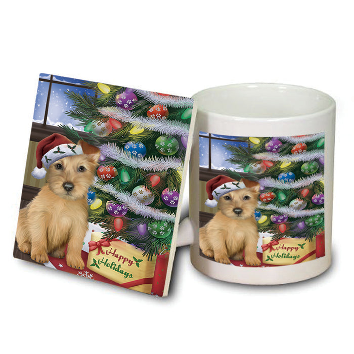 Christmas Happy Holidays Australian Terrier Dog with Tree and Presents Mug and Coaster Set MUC53431