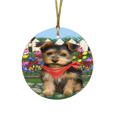 Spring Floral Australian Terrier Dog Round Flat Christmas Ornament RFPOR52222