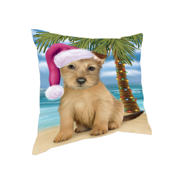 Summertime Happy Holidays Christmas Australian Terrier Dog on Tropical Island Beach Pillow PIL74752