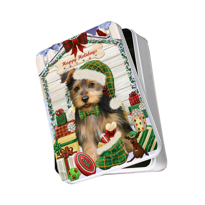 Happy Holidays Christmas Australian Terrier Dog With Presents Photo Storage Tin PITN52627