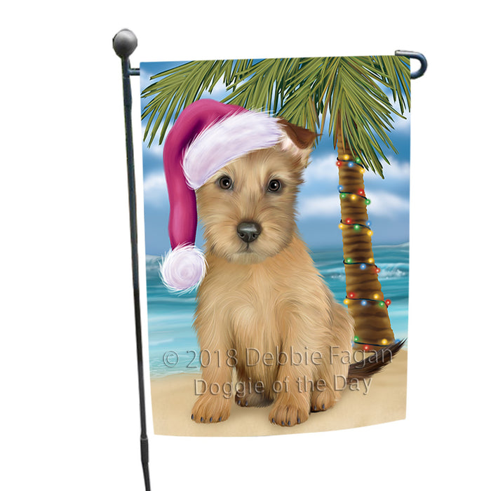 Summertime Happy Holidays Christmas Australian Terrier Dog on Tropical Island Beach Garden Flag GFLG54594