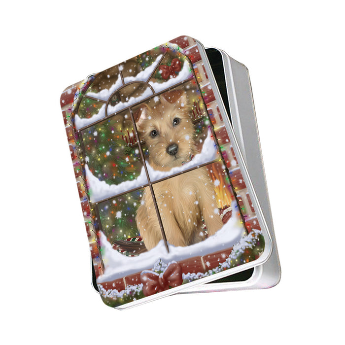 Please Come Home For Christmas Australian Terrier Dog Sitting In Window Photo Storage Tin PITN57527