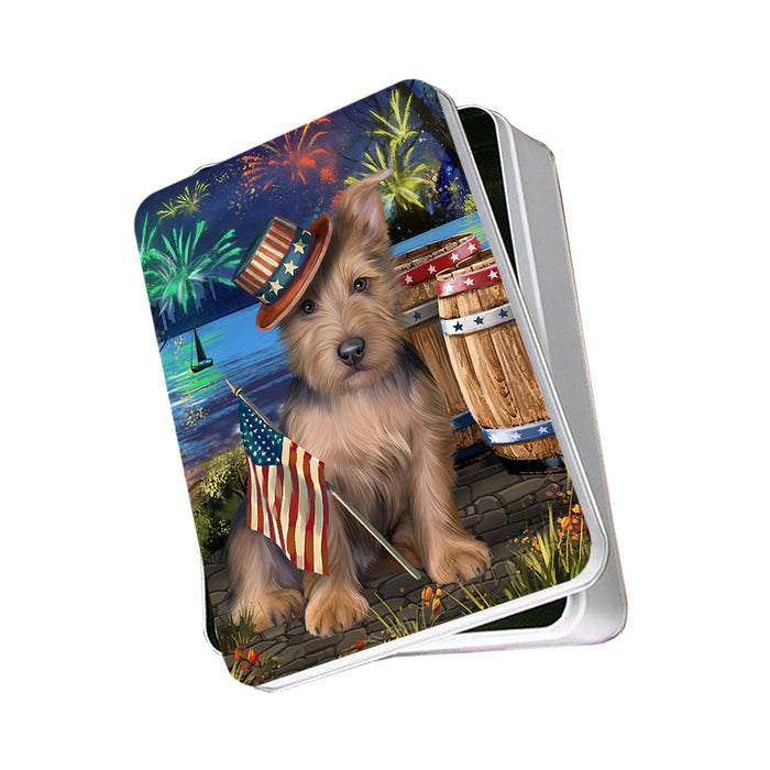 4th of July Independence Day Fireworks Australian Terrier Dog at the Lake Photo Storage Tin PITN51084
