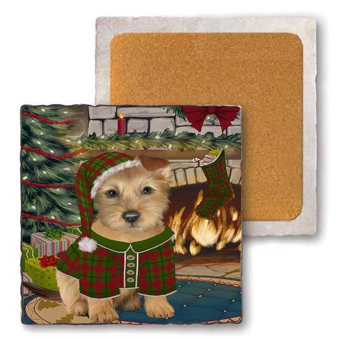 The Stocking was Hung Australian Terrier Dog Set of 4 Natural Stone Marble Tile Coasters MCST50185