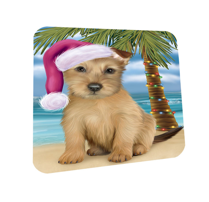 Summertime Happy Holidays Christmas Australian Terrier Dog on Tropical Island Beach Coasters Set of 4 CST54362