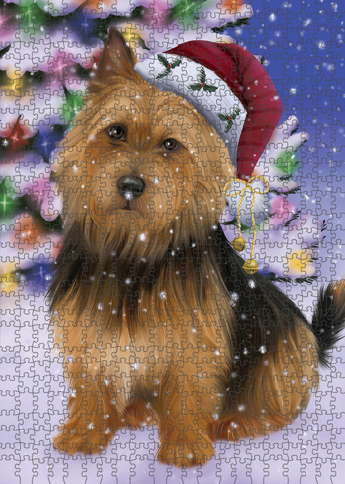 Winterland Wonderland Australian Terrier Dog In Christmas Holiday Scenic Background Puzzle with Photo Tin PUZL82072