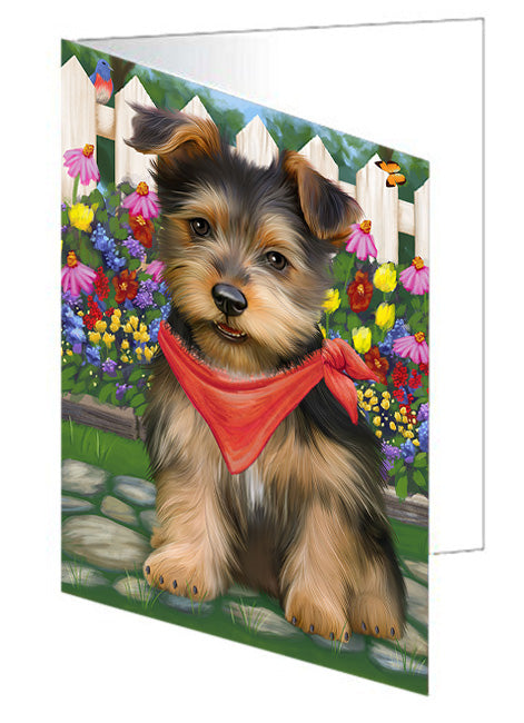 Spring Floral Australian Terrier Dog Handmade Artwork Assorted Pets Greeting Cards and Note Cards with Envelopes for All Occasions and Holiday Seasons GCD60722