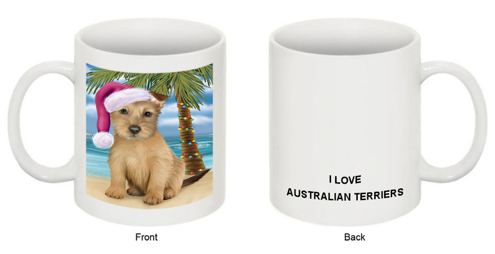 Summertime Happy Holidays Christmas Australian Terrier Dog on Tropical Island Beach Coffee Mug MUG49802