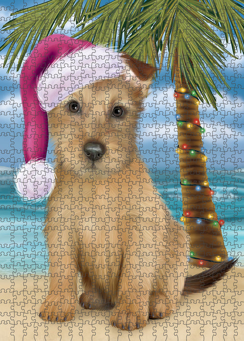 Summertime Happy Holidays Christmas Australian Terrier Dog on Tropical Island Beach Puzzle with Photo Tin PUZL85284