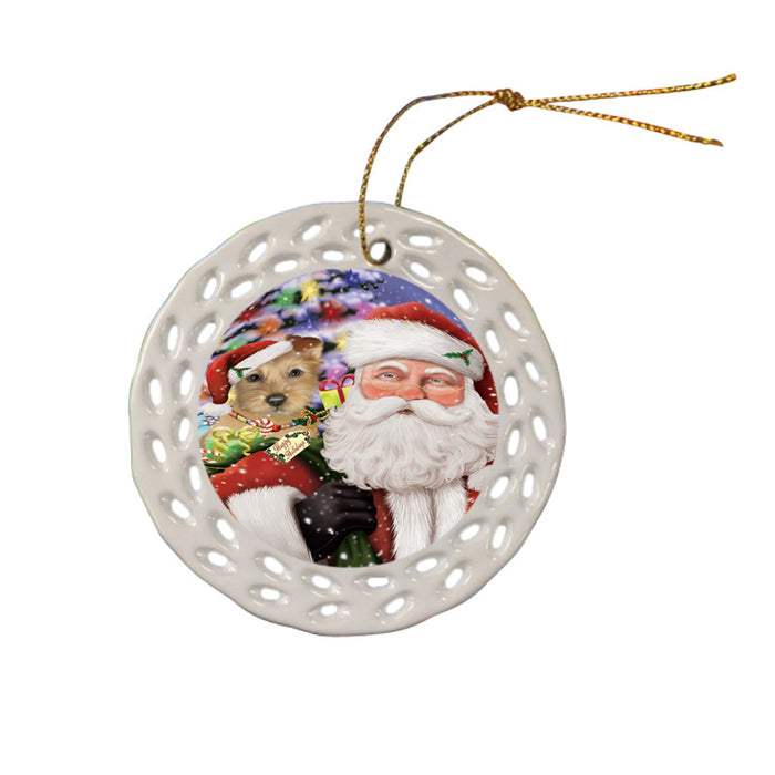 Santa Carrying Australian Terrier Dog and Christmas Presents Ceramic Doily Ornament DPOR53670